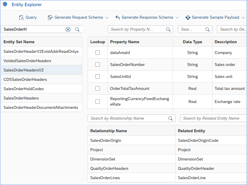SAP MS Dynamics Finance and Operations Entity Explorer