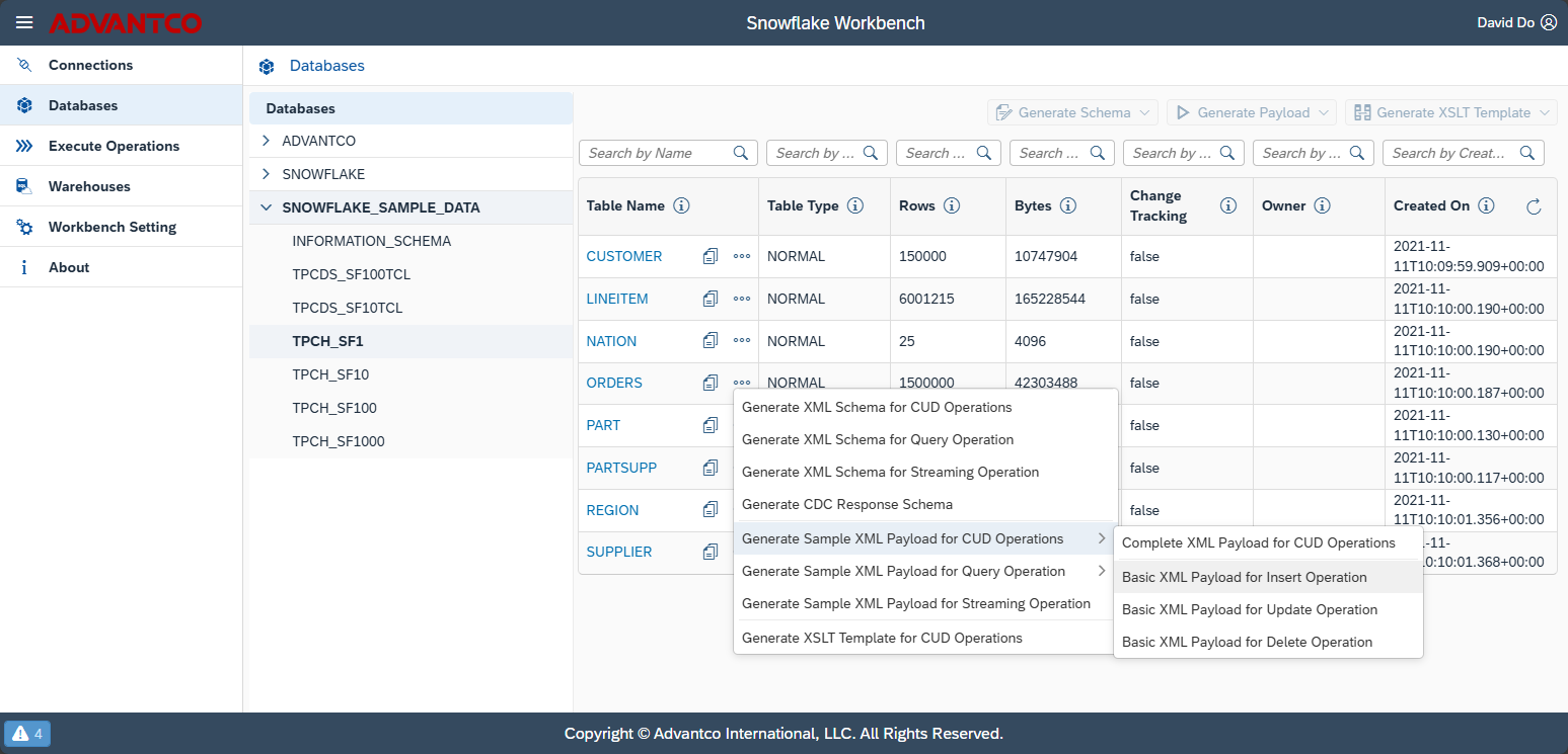 Snowflake - Workbench - Schema and Payload generator menu Snowflake - Workbench - Schema and Payload generator menu